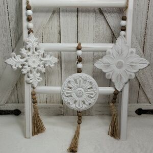 Shabby Chic White Carved Wood Decorative Wall Hangings with Tassels